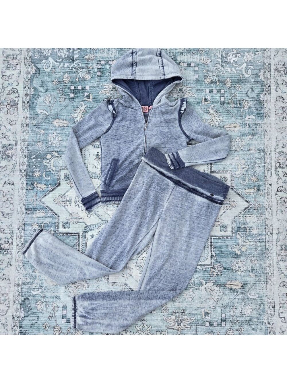 Y2K Juicy Couture Jersey Tracksuit Set L Top M Bottoms Blue Acid Wash Burnout